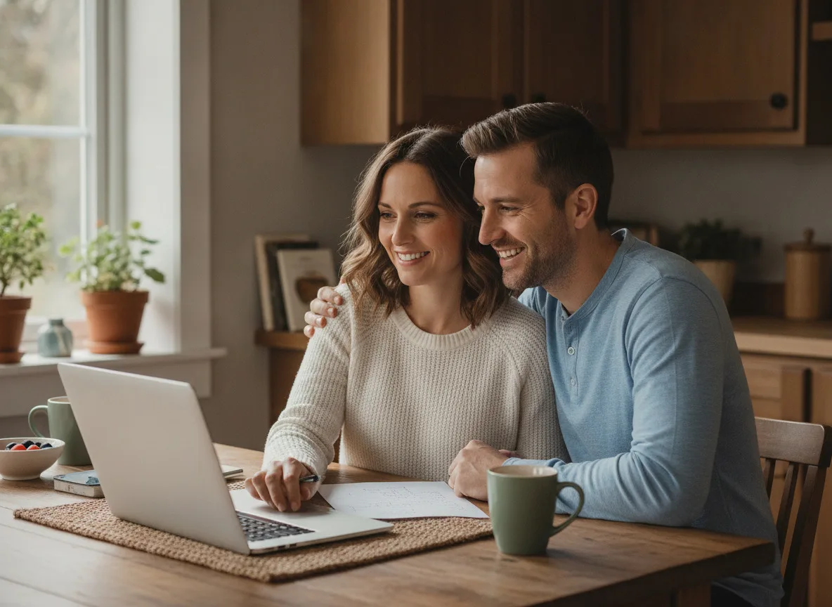 A couple reviewing paperwork together at home