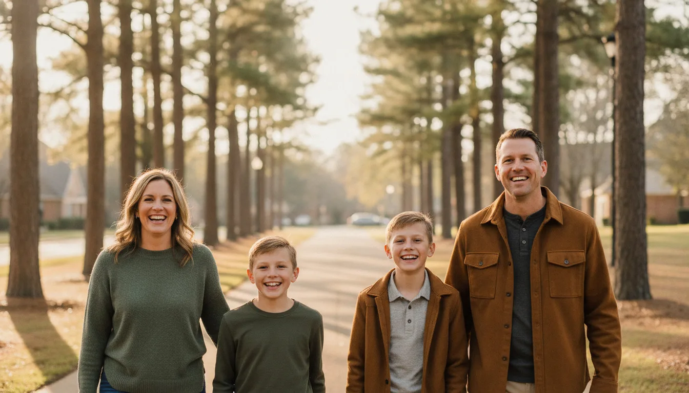 A smiling family walking together beneath the trees in a Kingwood neighborhood