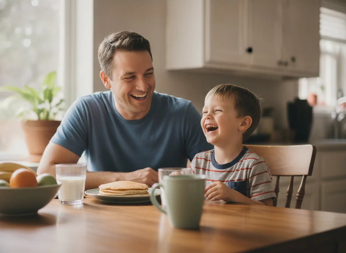 Man and boy smiling at a kitchen table