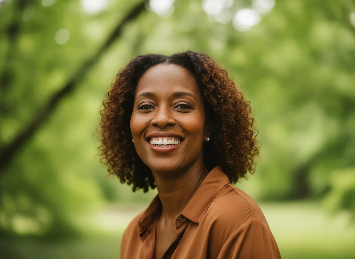 Woman smiling beneath leafy trees