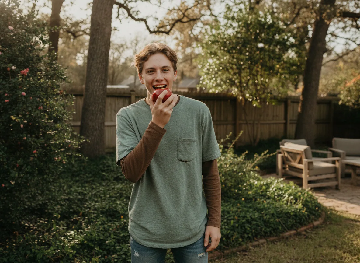 Man biting into an apple outdoors