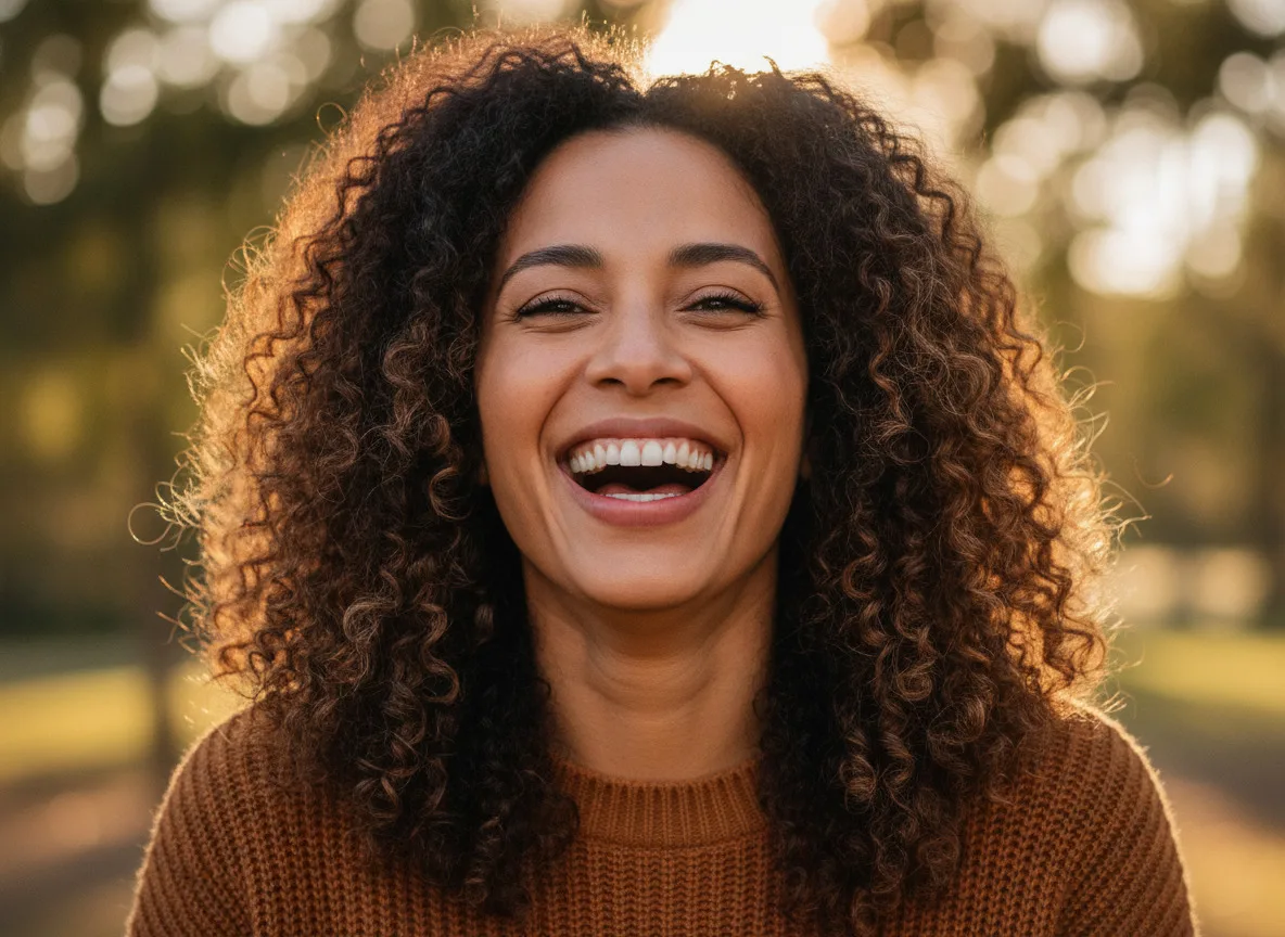 Woman with curly hair laughing outdoors