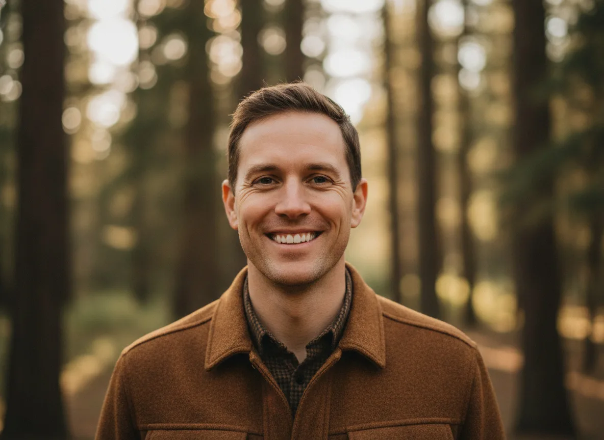 Man smiling in a wooded setting
